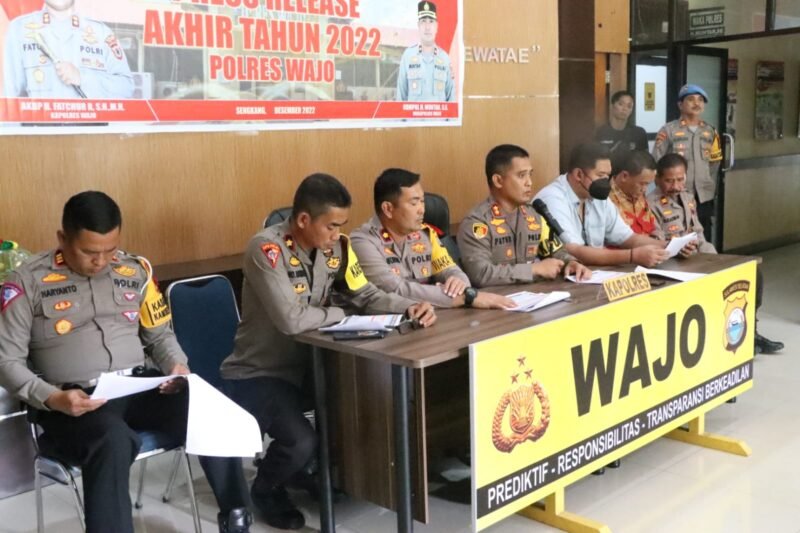 Kapolres Wajo AKBP Fatchur Rachman didampingi Wakapolres Wajo Kompol Muhtar Kasat Narkoba AKP Abdul Haris, Kasatlantas AKP Haryanto, Kabag Ops Kompol Abdul Rahman serta PJU jajaran polres wajo saat menggelar press release akhir tahun 2022 di Mapolres Wajo Jumat (30/12/2022).