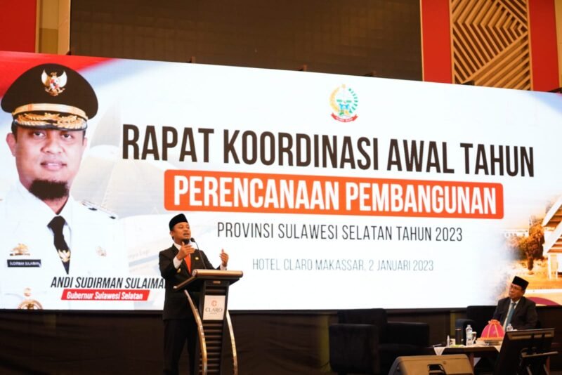 Rapat Koordinasi Awal Tahun 2023 Perencanaan Pembangunan Provinsi Sulawesi Selatan TA 2023 di Hotel Claro Makassar, Senin (02/01/2023).