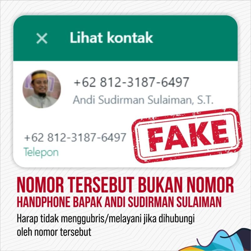 Sebuah nomor akun WhatsApp +6281231876497 mencatut nama Pejabat Gubernur Sulsel, Andi Sudirman Sulaiman