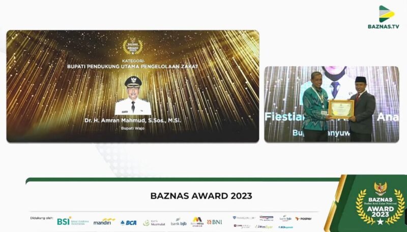 Bupati Wajo H. Amran Mahmud menerima langsung penghargaan Baznas Award 2023 kategori Bupati Pendukung Utama Pengelolaan Zakat pada Penganugerahan BAZNAS Award 2023 yang digelar di Hotel Sahid, Jakarta, Selasa (21/3/2023)