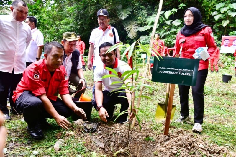 Gubernur Sulsel, Andi Sudirman Sulaiman menanam bibit pohon endemik eboni dan melepas 19 jenis spesies kupu-kupu pada kegiatan Halal Bi Halal Temu IKA UNHAS di Taman Wisata Alam Bantimurung, Kabupaten Maros, Kamis (27/04/2023)