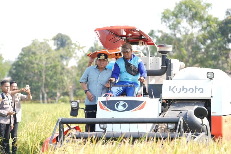 Pj Gubernur Sulsel Bahtiar Baharuddin menghadiri panen raya padi yang digelar bersama para petani di lokasi gerakan percepatan tanam di Desa Bonto Sunggu Kecamatan Bajeng kabupaten Gowa, Sabtu (21/10/2023)