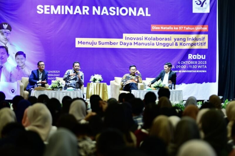 Pj Gubernur Sulsel, Bahtiar Baharuddin menjadi narasumber pada Seminar Nasional Universitas Bosowa, Rabu (04/10/2023)