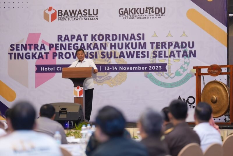 Rapat Koordinasi Gakkumdu Pemprov Sulsel, Kapolda Sulsel, Kejati Sulsel, dan Bawaslu Sulsel, di Hotel Claro Makassar, Senin (13/11/2023)