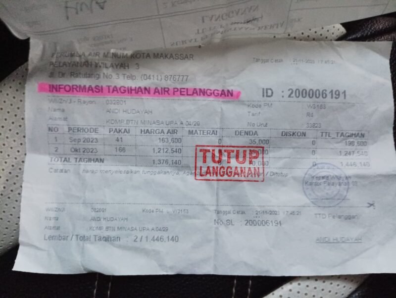 Bukti tagihan air pelanggan