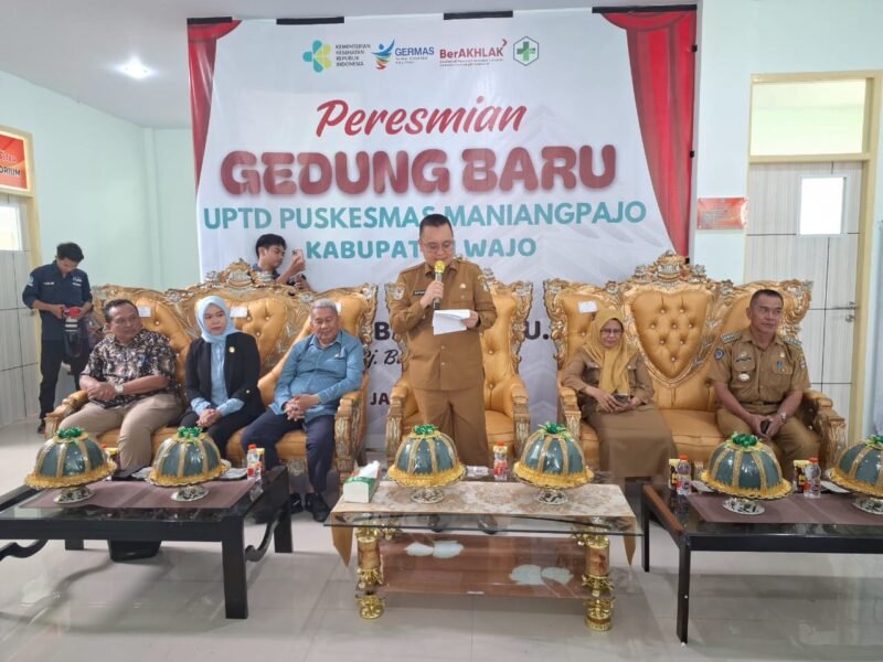 Pj. Bupati Wajo Andi Bataralifu memberikan sambutan pada peresmian Gedung Baru Puskesmas Maniangpajo, Selasa (7/1/2025)