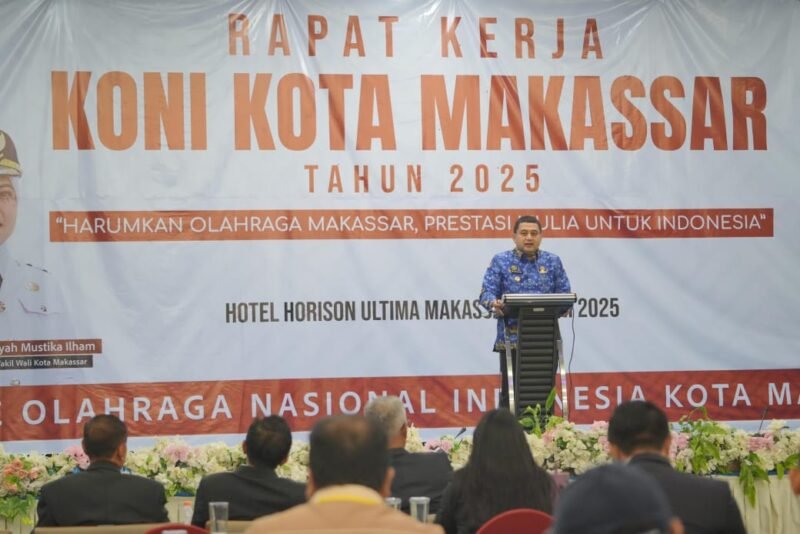 Wali Kota Makassar, Munafri Arifuddin membuka Rapat Kerja KONI Makassar di Hotel Horizon, Senin (2/06/2025)