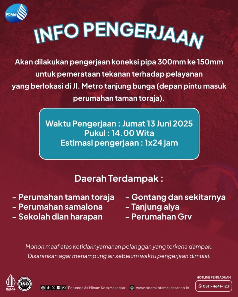 PDAM Akan Lakukan Pengerjaan Koneksi Pipa di Tanjung Bunga, Suplai Air Sementara Terganggu