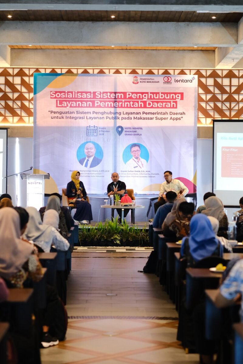 Dinas Komunikasi dan Informatika (Kominfo) Kota Makassar menggelar Sosialisasi Sistem Penghubung Layanan Pemerintah Daerah (SPLP) di Hotel Novotel Makassar, Kamis (9/10/2025)
