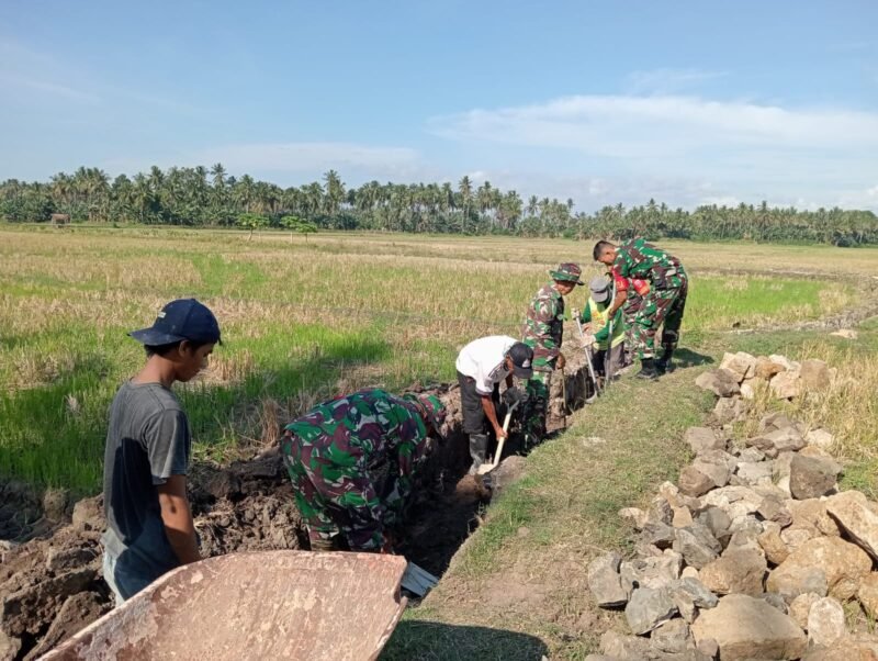 Koramil 1406-08/Sabbangparu yang dipimpin oleh Serma Zulkifli melaksanakan kegiatan Karya Bakti pembersihan dan perbaikan saluran irigasi di Kelurahan Sompe, Kecamatan Sabbangparu, Kabupaten Wajo, pada Rabu (19/11/2025)