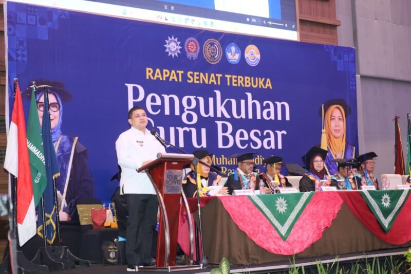 Wali Kota Makassar, Munafri Arifuddin memberikan sambutan pada Pengukuhan Guru Besar Universitas Muhammadiyah Sidrap, Prof. Dr. Muliani, di Hotel Four Points by Sheraton, Jalan Andi Djemma, Makassar, Rabu (21/1/2026)