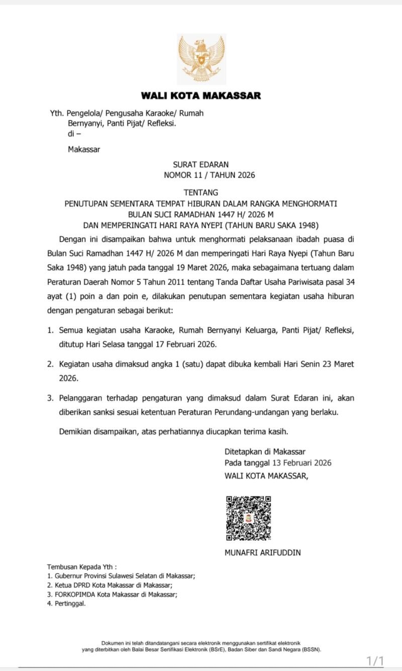 Surat Edaran Nomor 11 Tahun 2026 tentang Penutupan Sementara Tempat Hiburan dalam rangka menghormati Bulan Suci Ramadan 1447 Hijriah/2026 M serta memperingati Hari Raya Nyepi (Tahun Baru Saka 1948)