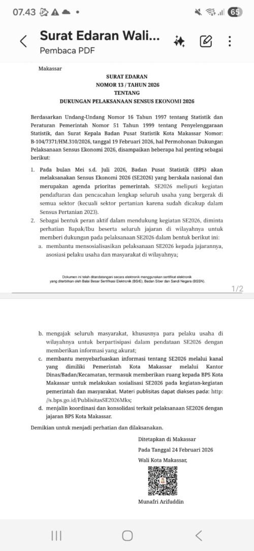 Pemerintah Kota Makassar, resmi menerbitkan Surat Edaran (SE) Nomor 13 Tahun 2026 tentang Dukungan Pelaksanaan Sensus Ekonomi 2026 (SE2026)