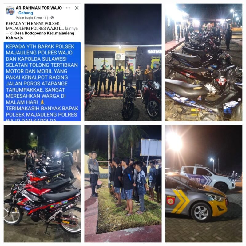 Menindaklanjuti keluhan masyarakat yang ramai diperbincangkan di media sosial terkait maraknya penggunaan knalpot racing/brong di wilayah Kecamatan Majauleng, Polres Wajo melalui tim gabungan melaksanakan Kegiatan Rutin yang Ditingkatkan (KRYD), Sabtu (25/4/2026) malam