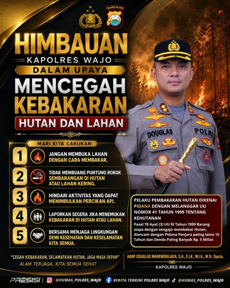 Kapolres Wajo AKBP Douglas Mahendrajaya  mengeluarkan imbauan kepada masyarakat untuk bersama-sama mencegah terjadinya kebakaran hutan dan lahan (karhutla)