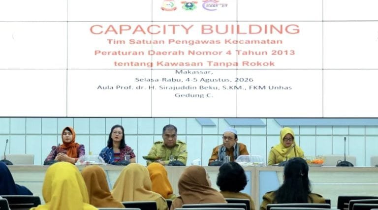 Dinas Kesehatan (Dinkes) Kota Makassar menggandeng Hasanuddin CONTACT menggelar kegiatan Peningkatan Kapasitas Tim Satuan Pengawas Kecamatan dalam Pengawasan Perda Nomor 4 Tahun 2013 tentang Kawasan Tanpa Rokok di Fakultas Kesehatan Masyarakat Universitas Hasanuddin pada 4-5 Agustus 2026