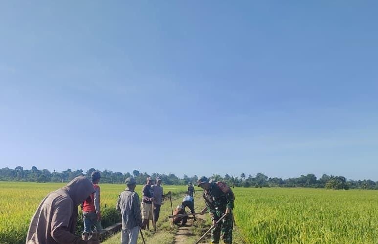 Babinsa Koramil 1406-10/Pitumpanua Serda Anies Purwandy bersama warga masyarakat melaksanakan kegiatan gotong royong berupa pembersihan dan perbaikan jalan tani di Lingkungan Bola Bakka, Kelurahan Bulete, Kecamatan Pitumpanua, Kabupaten Wajo