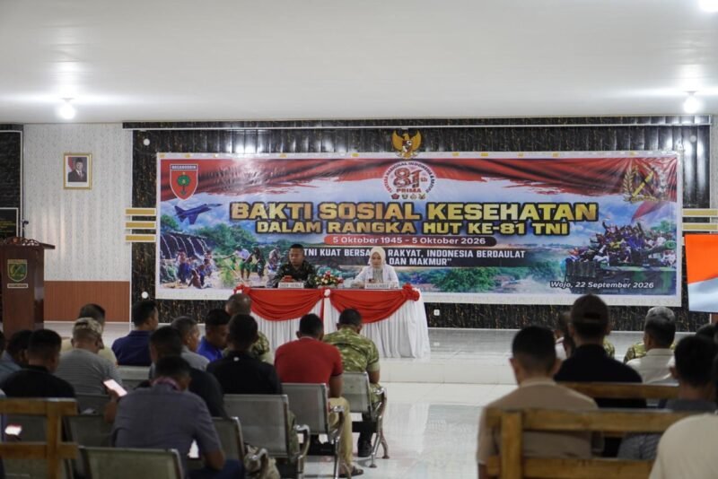 Dalam rangka memperingati Hari Ulang Tahun (HUT) ke-81 TNI, Kodim 1406/Wajo menggelar kegiatan Bantuan Hidup Dasar (BHD) Tahun 2026 dalam rangka Bakti Sosial Kesehatan di Gedung Serbaguna Makodim 1406/Wajo, Jalan Kejaksaan, Kelurahan Bulupabbulu, Kecamatan Tempe, Kabupaten Wajo, Sabtu (19/9/2026)