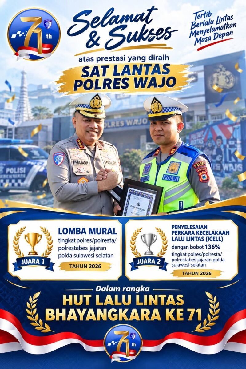 Satuan Lalu Lintas (Satlantas) Polres Wajo menorehkan prestasi membanggakan dalam rangka memperingati Hari Ulang Tahun (HUT) Lalu Lintas Bhayangkara ke-71 Tahun 2026